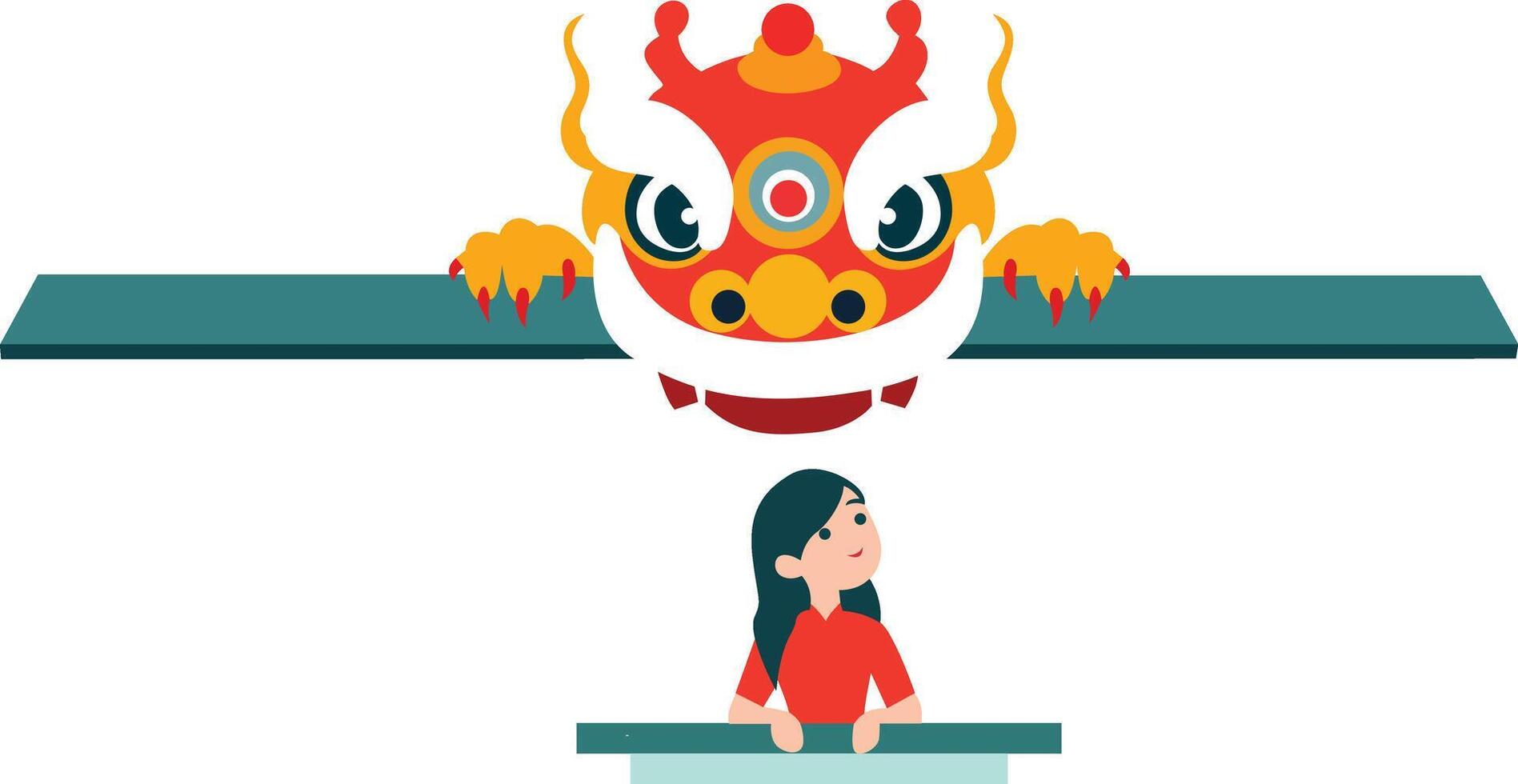 Woman Watching Chinese Dragon Dance., happy Chinese New Year Dragon Dancer vector