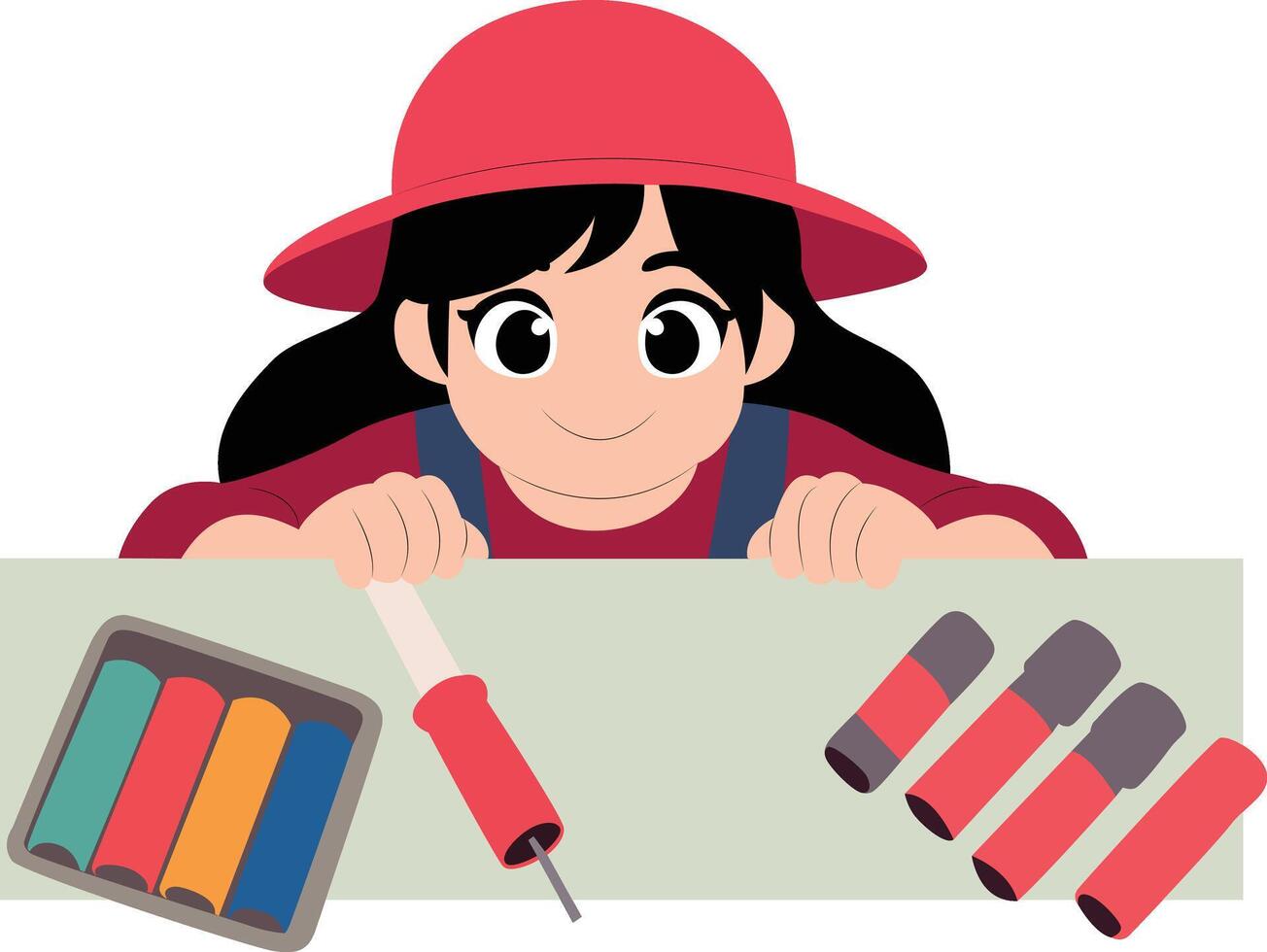 Child Craftsman Showing Colorful Supplies peeking, happy Firework Crafter vector