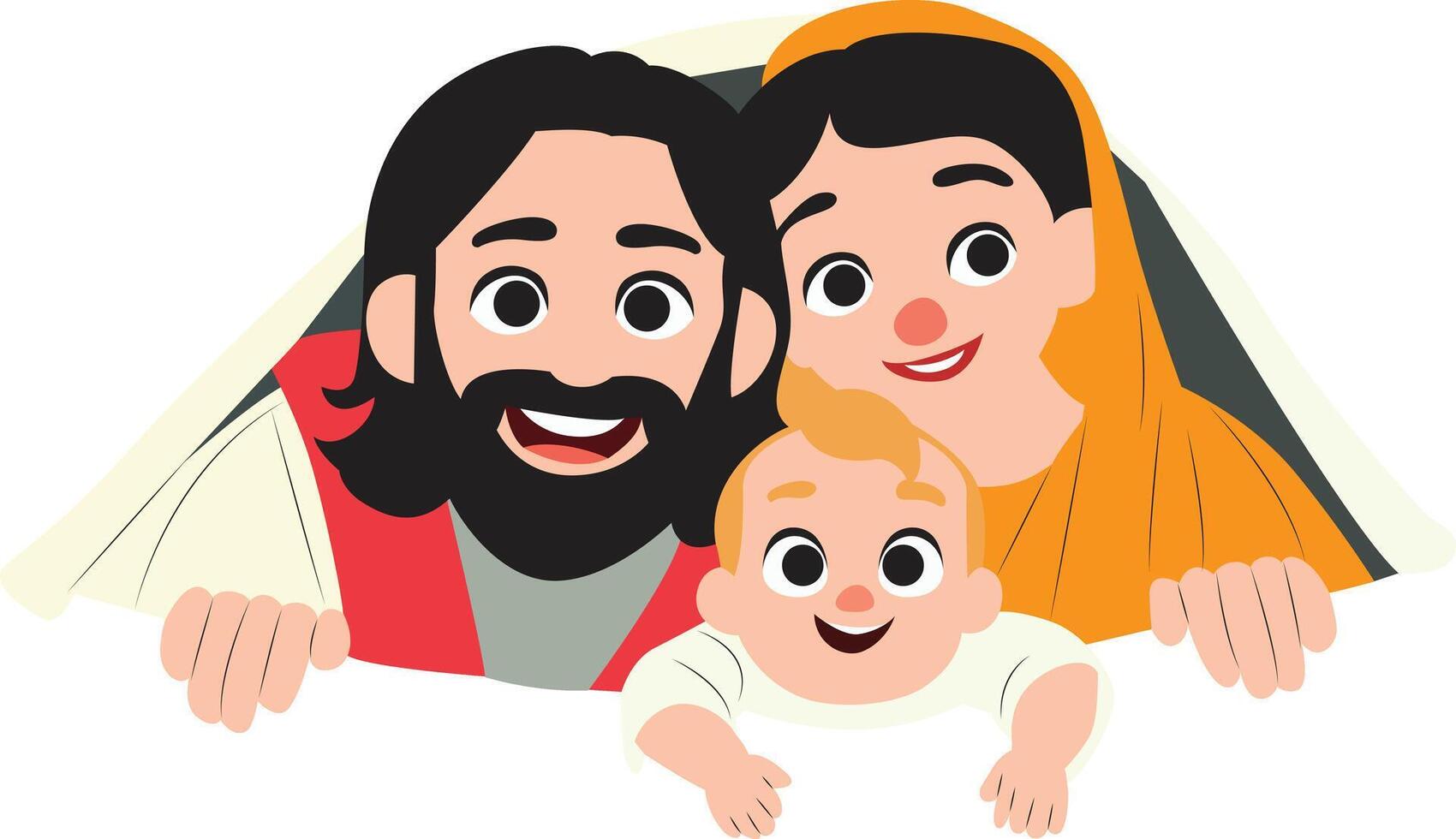 Holy Family Cartoon Peek-a-Boo Illustration, happy Mary Joseph and baby Jesus vector