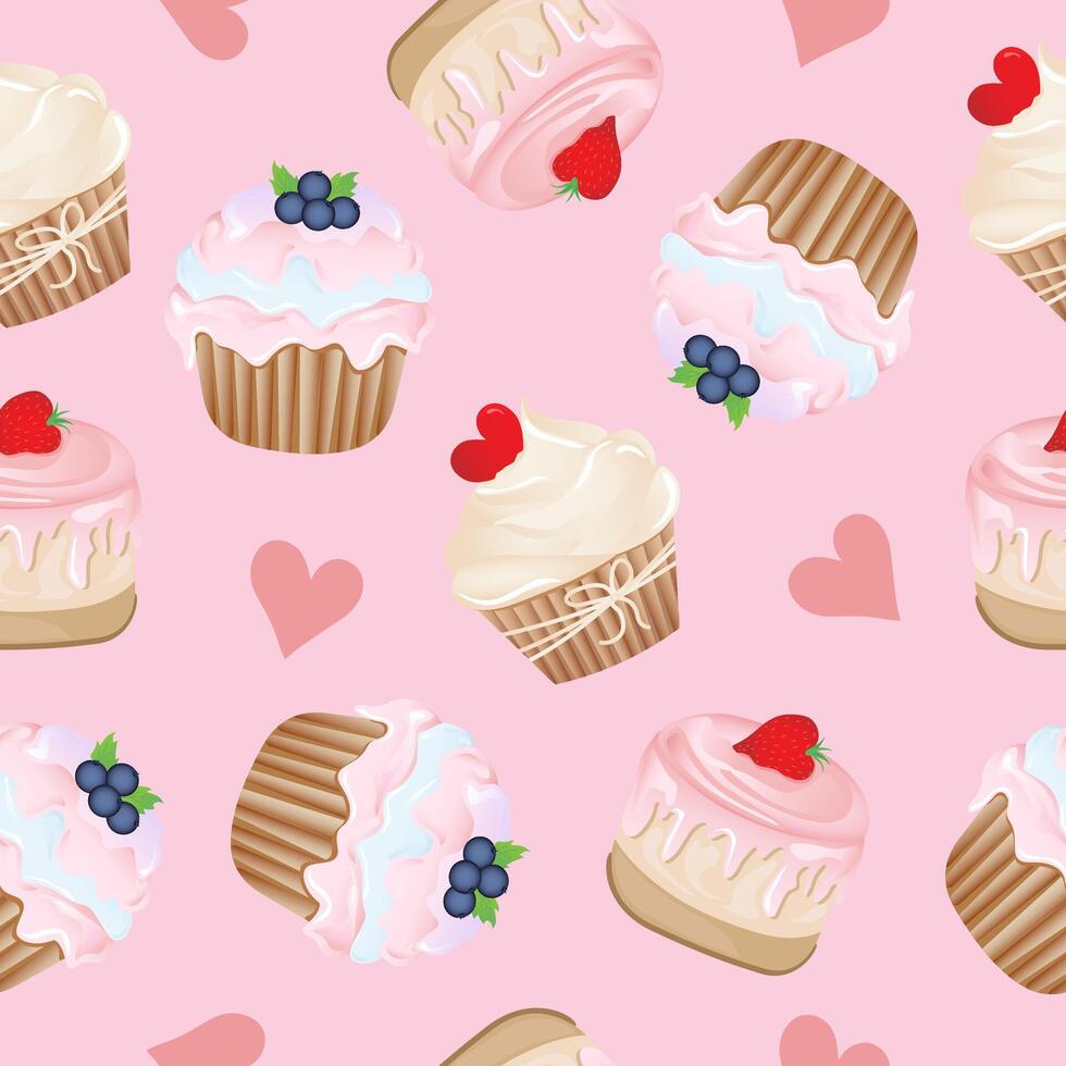 Seamless pattern for kitchen decor and more. Delicious cupcake with whipped cream and blueberry, strawberry, heart. cartoon illustration of sweet food. vector
