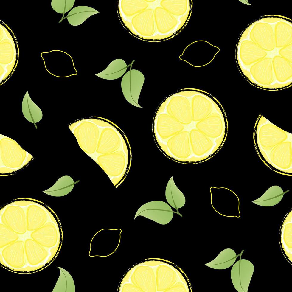 Seamless pattern with hand drawn lemon slice on black background. Fresh organic fruit, healthy, vegan, raw food. vector