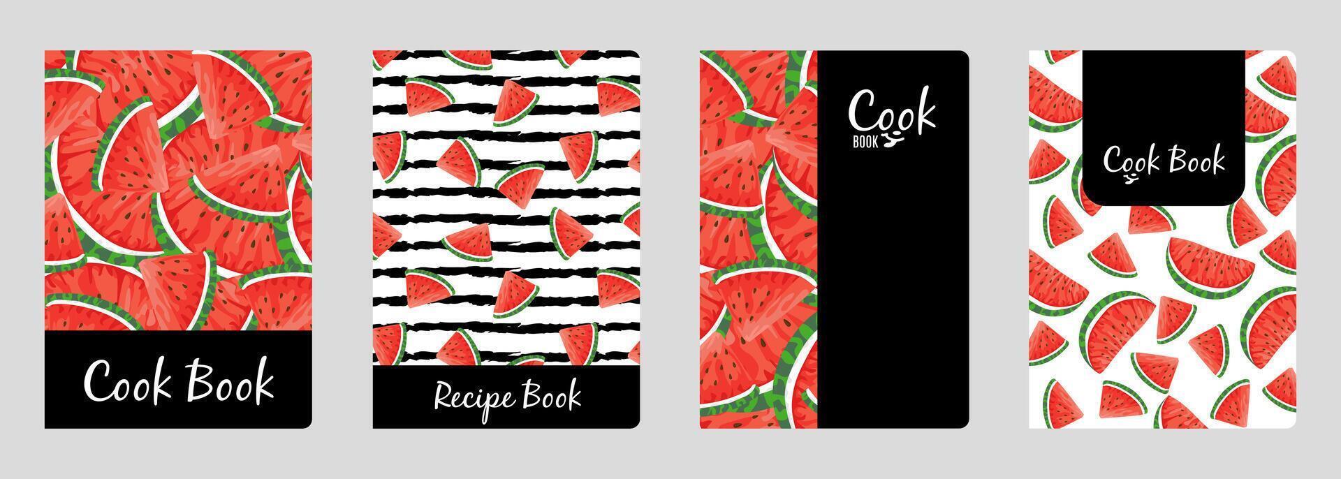 Set of cover designs for notebook, notepad, cook book, catalog with red, ripe watermelon. Vertical format A4, A5. vector