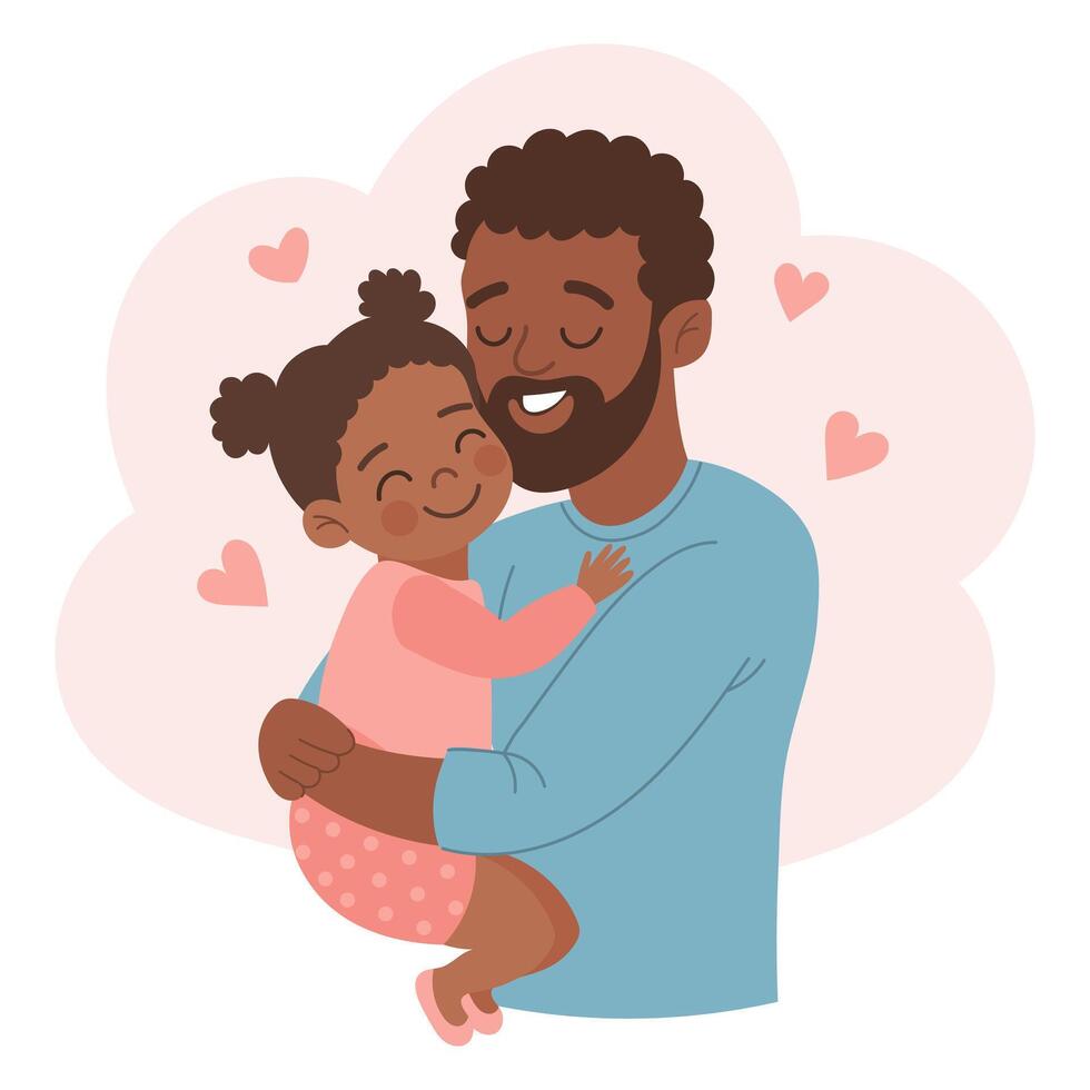 Happy African American father with his little daughter. Family and Fathers Day. Cute cartoon illustration. vector