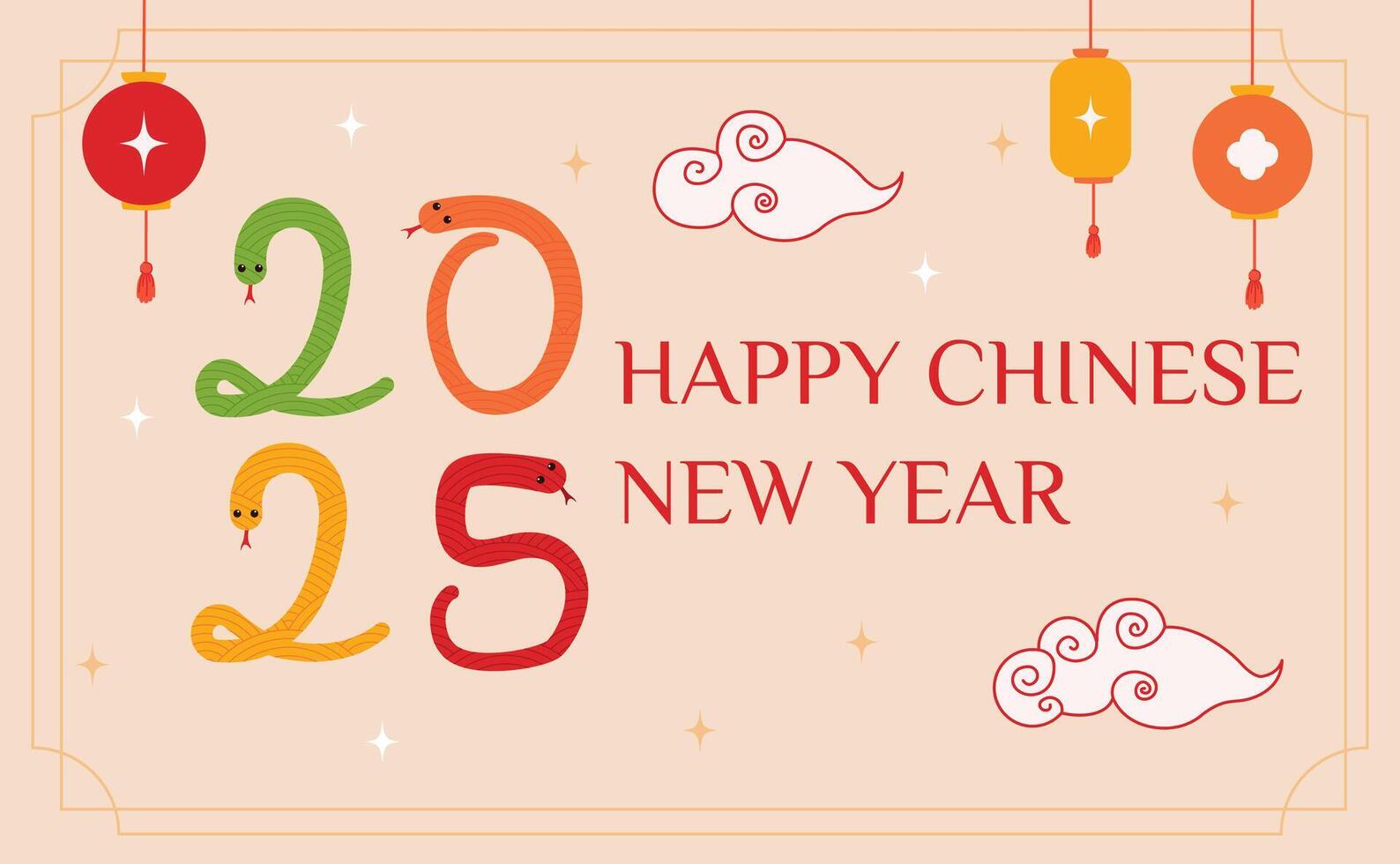 2025 year of the snake. Lunar new year banner. Chinese traditional lanterns and clouds. Asia oriental traditional background vector