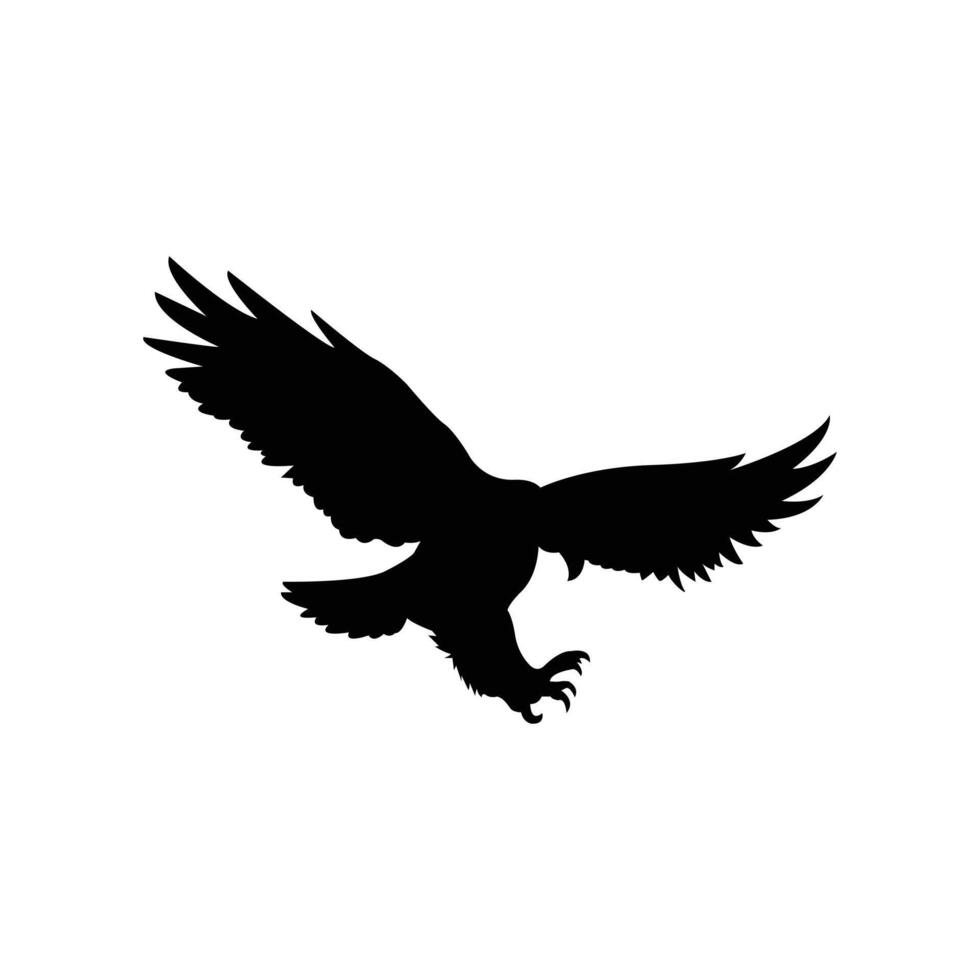 Silhouette of a bird of prey, likely an eagle or hawk, swooping down with its wings spread wide and talons extended, ready to capture its target vector