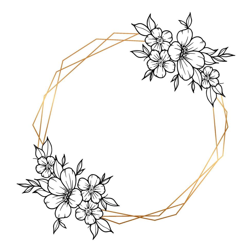 A flower wreath in a circle with a gold geometric frame vector