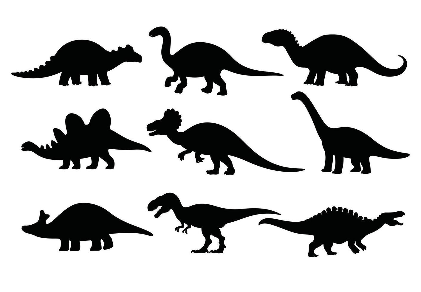 set of isolated dinosaur silhouettes. Includes various prehistoric species in a simple black design. Perfect for educational materials, themed decorations, and creative projects. vector