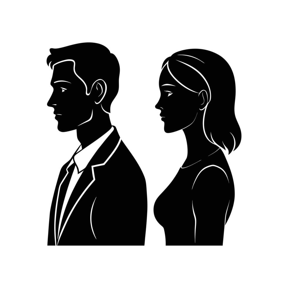 Elegant Man and Woman Silhouette Minimalist Profile Illustration in Black and Whi vector