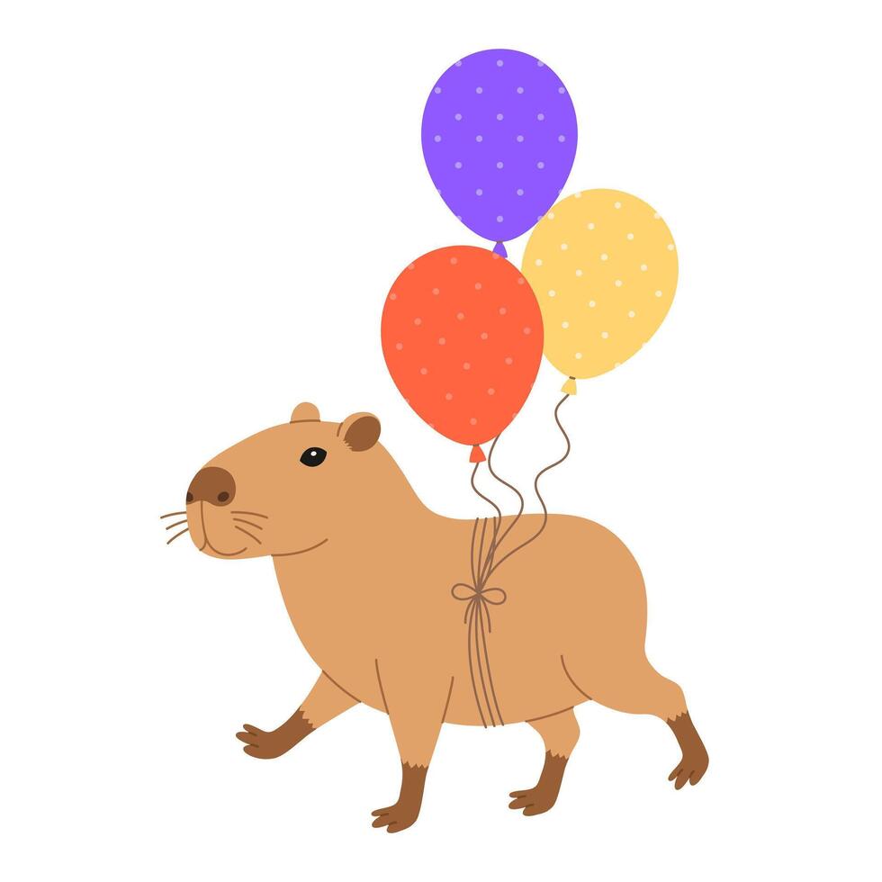 Funny festive capybara walks with bunch of balloons. Cute capibara for holiday greeting card, invitation, banner. Birthday character. Flat illustration isolated on white background vector