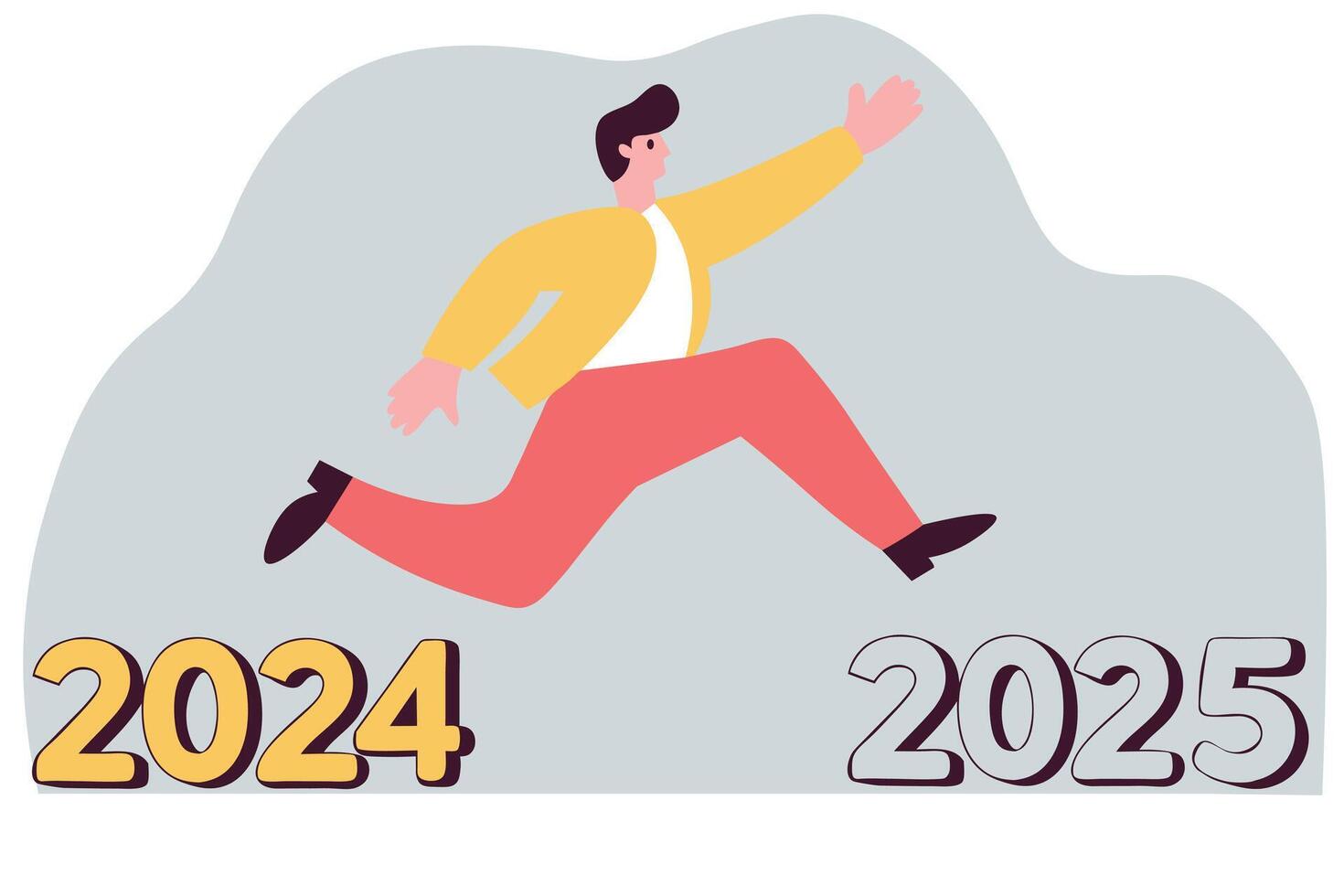 Illustration of a businessman dressed in formal attire leaping over a giant number 2024 and landing on 2025 vector