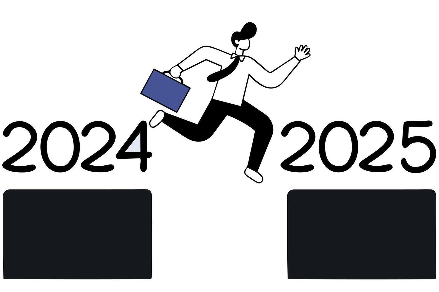 Illustration of a professional businessman, dressed in a formal suit, leaping over a canyon with numbers '2024' on one edge and '2025' on the other, signifying the transition into a new year vector
