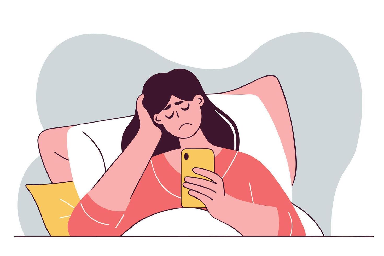Woman with insomnia lying in her bed scrolling through her smartphone during late night hours. Female character with sleep disorder, sleeplessness, mental problem vector
