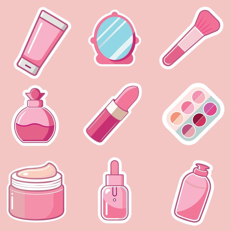 Set of different makeup and cosmetic products including lipstick face serum cream shadow palette vector