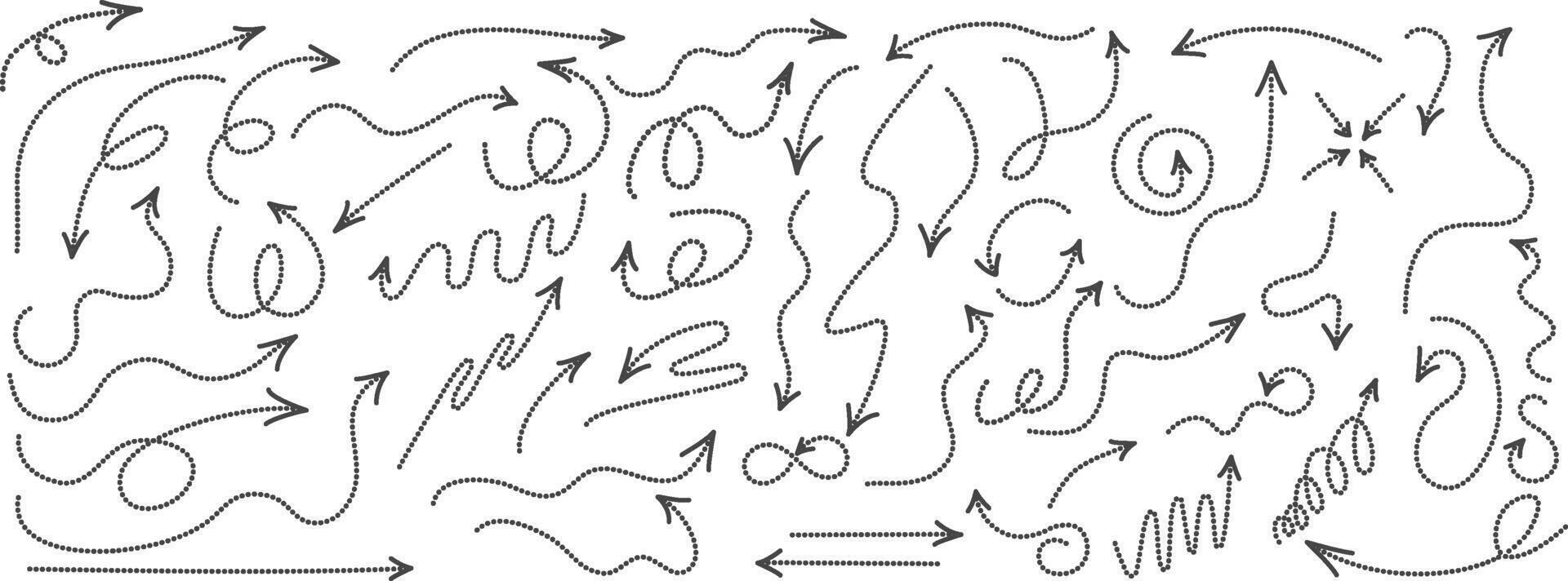 conjunto de curvo flechas con punteado líneas. colección de zigzag flechas con punteado líneas, curvo punteros indicando un complejo camino . vector