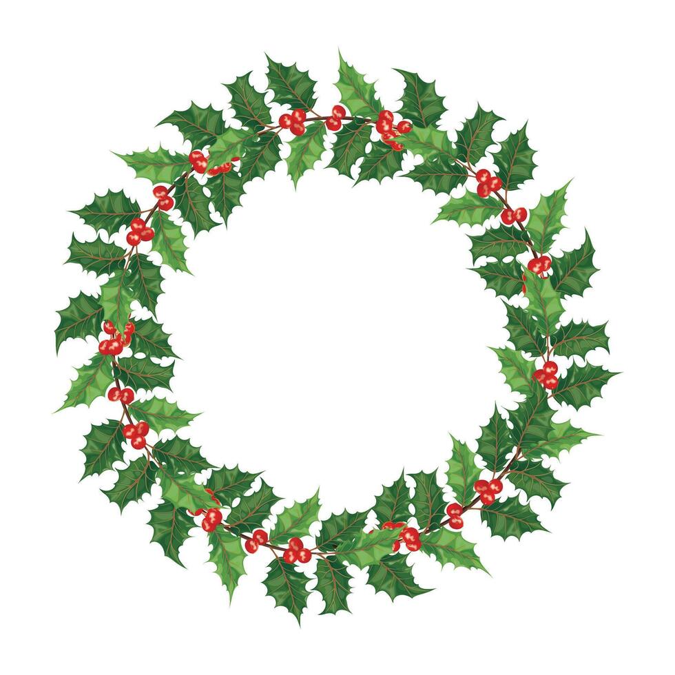 illustration of a Christmas holly wreath with green leaves and red berries. Perfect for eco-friendly, sustainable celebrations. vector
