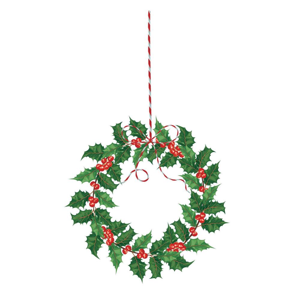illustration of a holly wreath with green leaves, red berries, and a striped hanging ribbon. Perfect for eco-friendly Christmas. vector