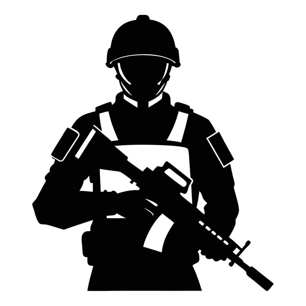 Black Silhouette Soldier Holding Assault Rifle Military, Combat, Army vector