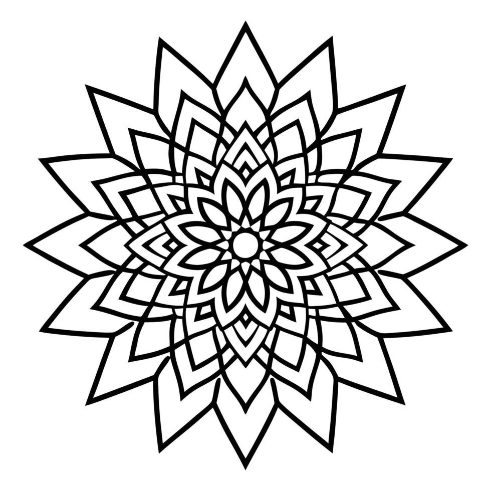 Black and white coloring page drawing of a mandala flower on a white background. vector
