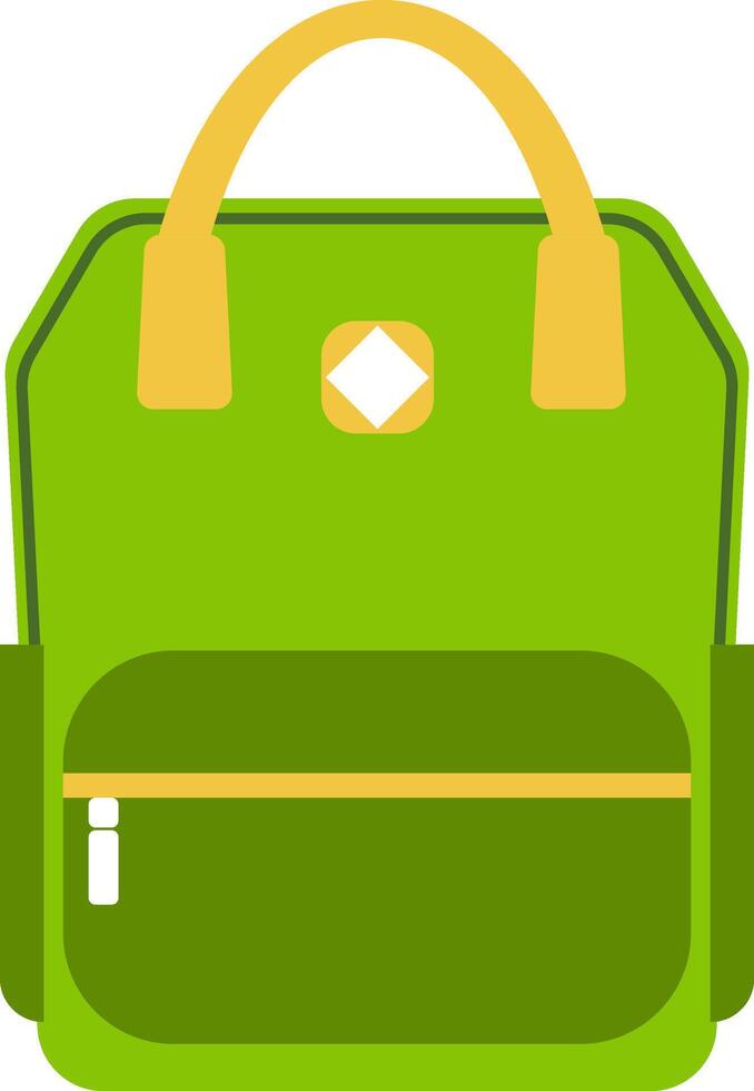 Green backpack featuring yellow handles, a zipper closure, and a white rhombus shaped detail, ideal for students, travelers, or anyone needing a stylish and practical bag vector