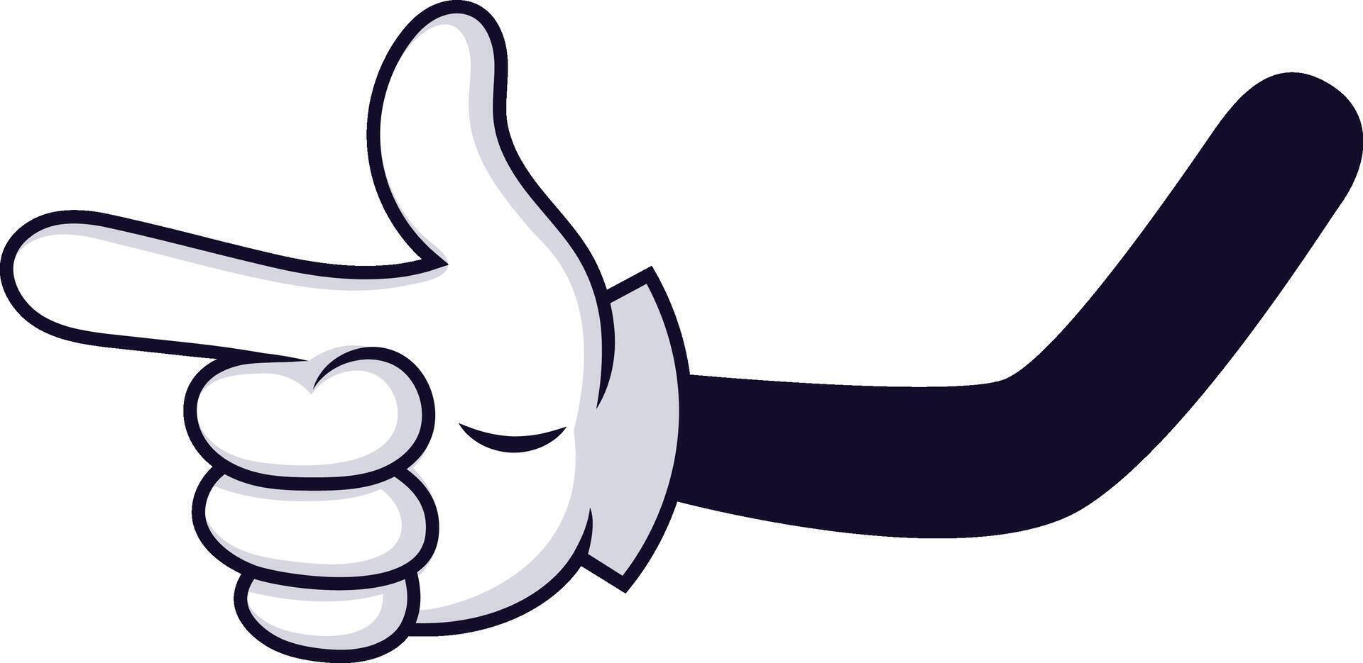 Cartoon hand making a playful gun gesture, with index finger and thumb extended like a pistol, expressing both humor and a hint of threat in a whimsical manner vector