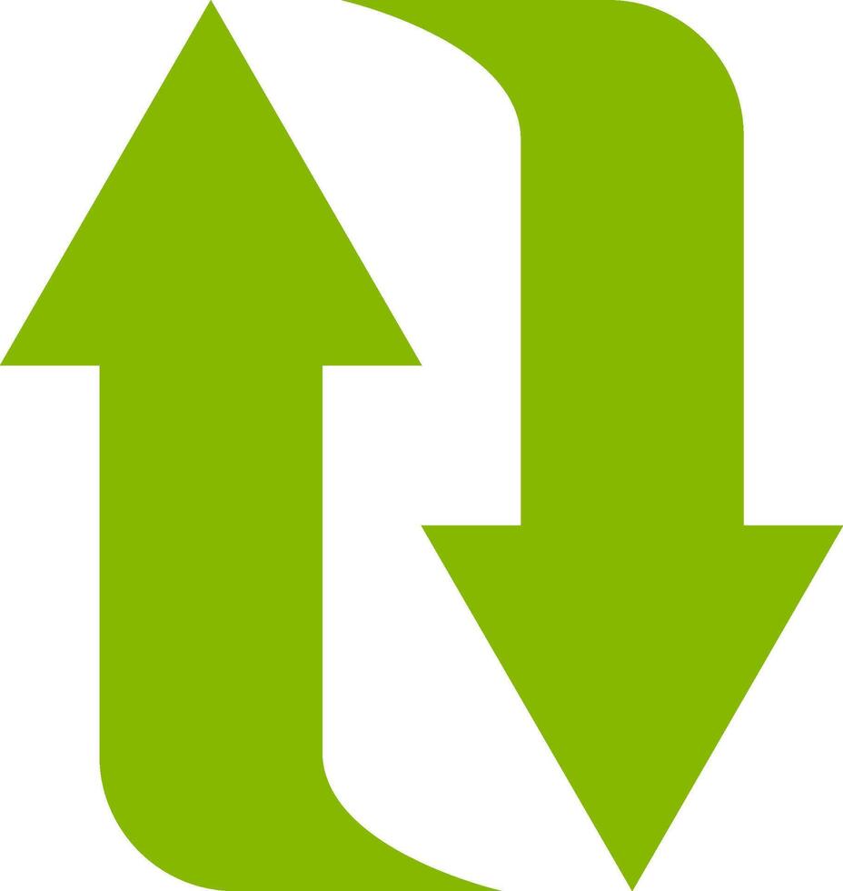 Two curved green arrows pointing up and down, symbolizing concepts like exchange, refresh, upload, download, import, export, give and take, or a two way process vector