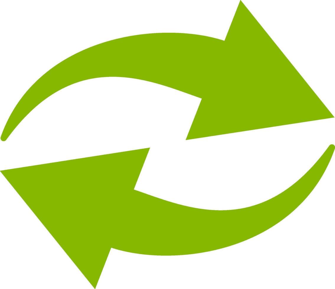 Two bright green arrows are rotating and creating a circular motion, symbolizing concepts like refresh, update, reload, repeat, and circular economy vector