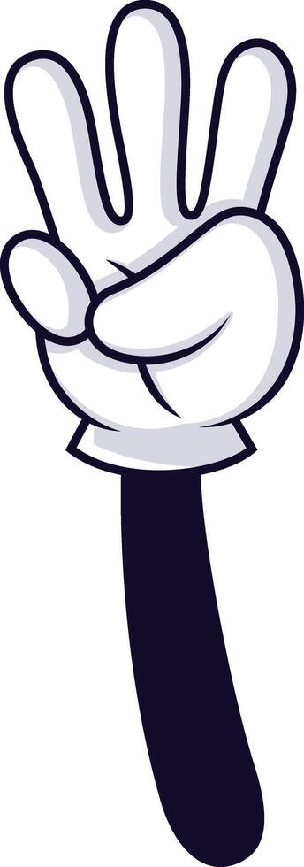 Cartoon hand wearing a white glove and showing three fingers gesture, counting or expressing a quantity with a simple yet effective communication vector