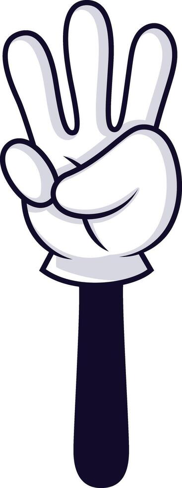 Cartoon hand wearing a white glove and dark sleeve is displaying three fingers in a counting gesture, conveying a playful and expressive nonverbal message vector
