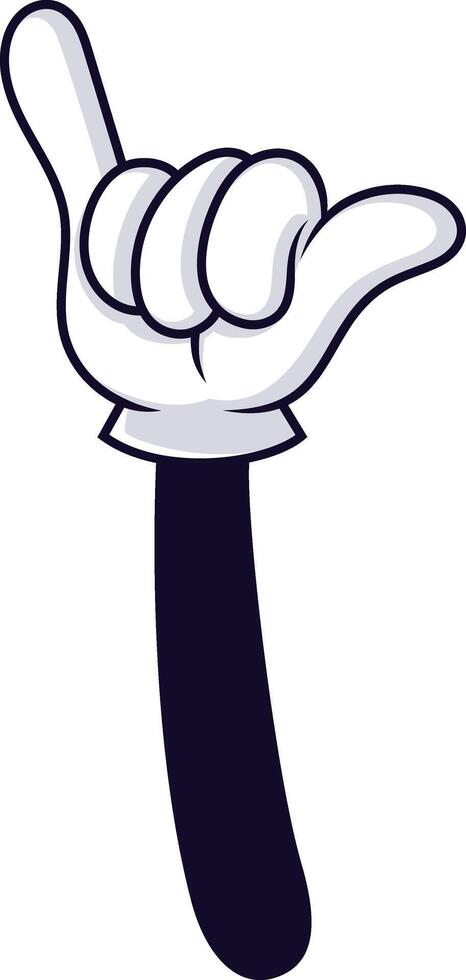 Cartoon hand gesturing with thumb and little finger extended, representing the shaka sign, often linked to surfing and Hawaiian culture, expressing coolness and aloha vector