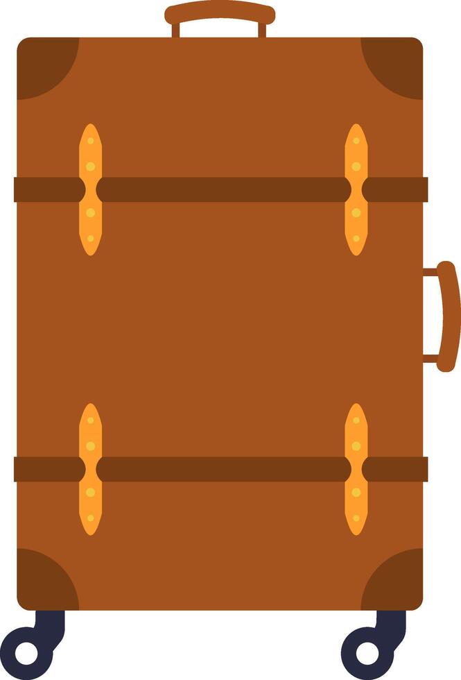 Brown vintage suitcase with leather straps, golden buckles and wheels standing up, isolated on a white background, representing travel, vacation, and old fashioned luggage vector