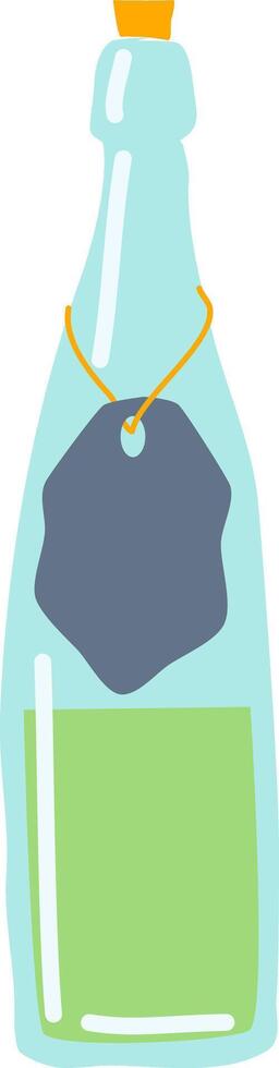 Light blue glass bottle filled with vibrant green liquid, featuring a blank gray label and hanging from an orange string, topped with an orange cap against a clean white background vector