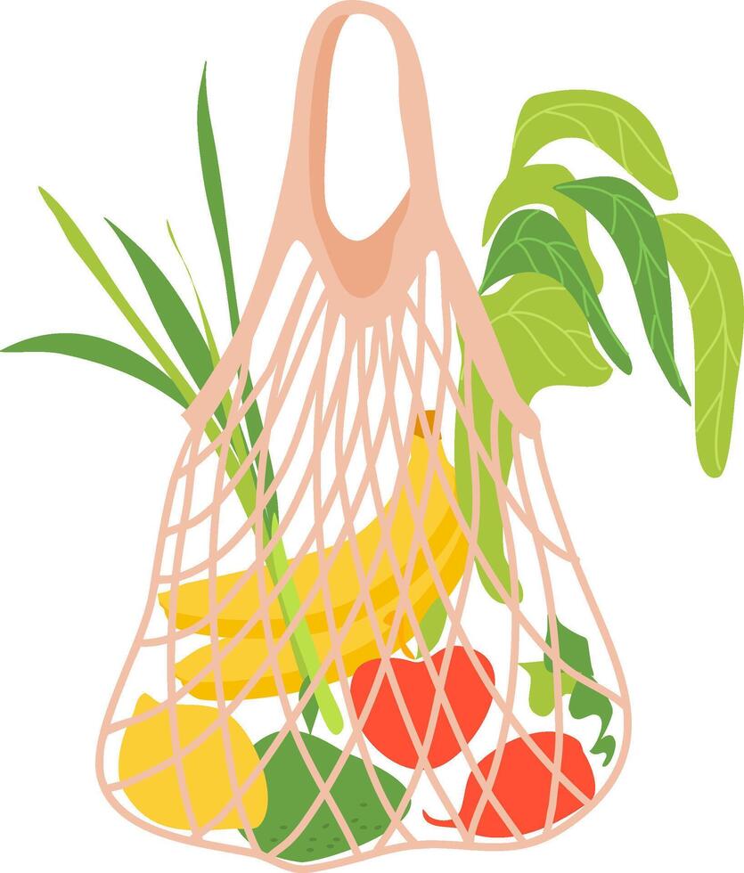 Mesh shopping bag full of banana, lemon, avocado, radish, green onions and lettuce promoting reusable sustainable grocery shopping and eco conscious lifestyle vector