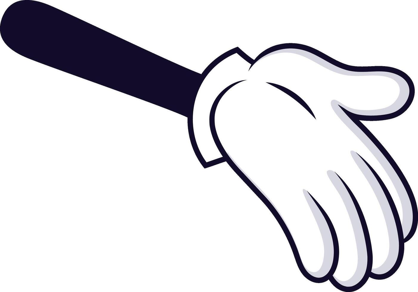 Cartoon hand adorned with a white glove is making a gesture, extending from a dark sleeve, conveying messages of communication and invitation in a playful and expressive manner vector