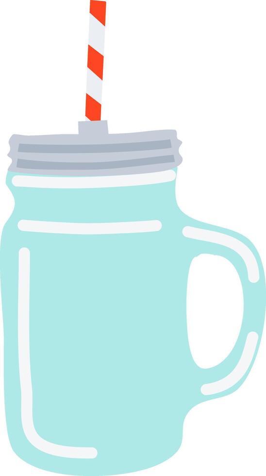 Light blue mason jar with red and white striped straw and silver lid, simple flat design, refreshing summer drink concept, isolated on white background vector