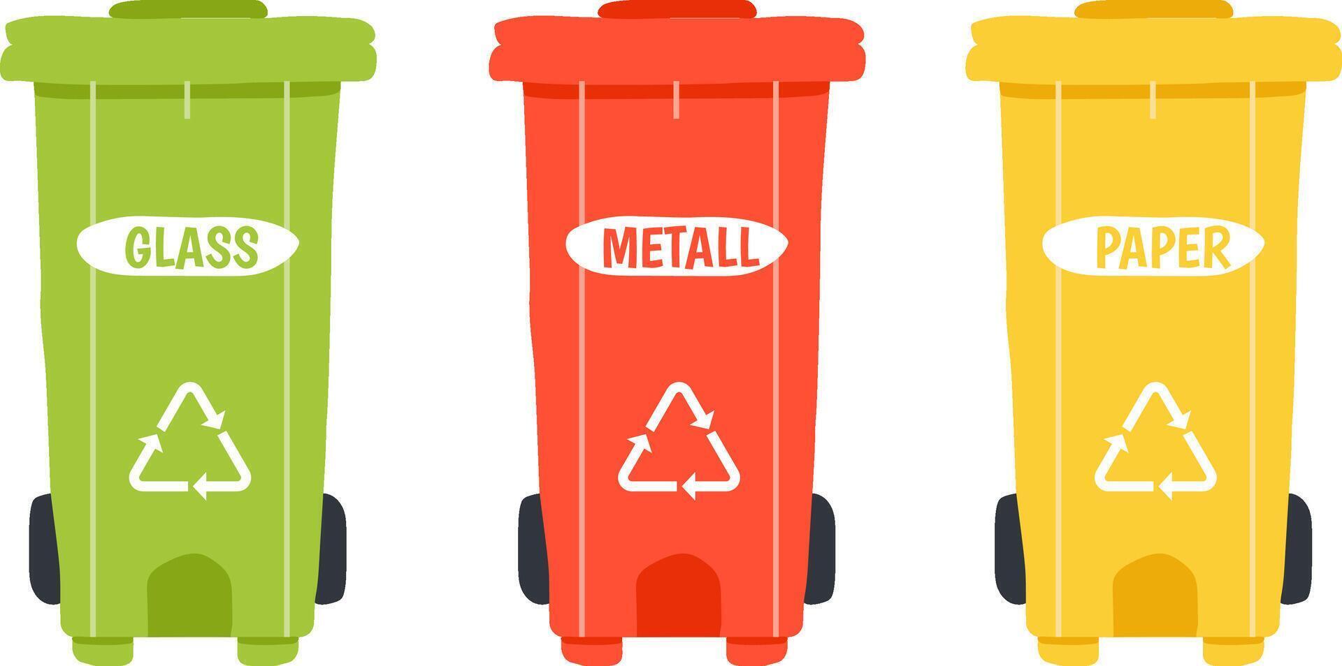 Colorful recycling bins, clearly labeled for glass, metal, and paper, promoting effective waste separation and fostering a cleaner, more sustainable environment for all vector