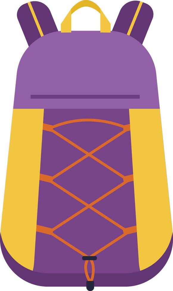 Hiking backpack with adjustable orange straps and a small pocket on the front, ideal for camping, trekking and outdoor activities, featuring a purple body and yellow details vector