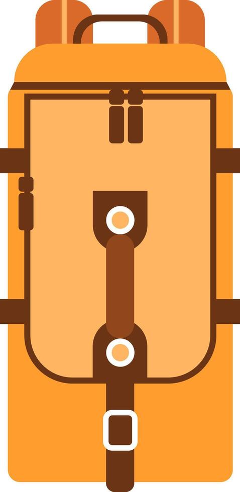 Orange backpack featuring a front view with brown straps, buckles, and zippers, isolated against a white background, perfect for travel and adventure themes vector