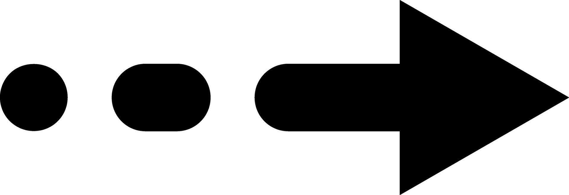 Minimalist black arrow pointing right, preceded by two dots and a rounded rectangle, ideal for representing a process, a timeline or a sequence of actions vector