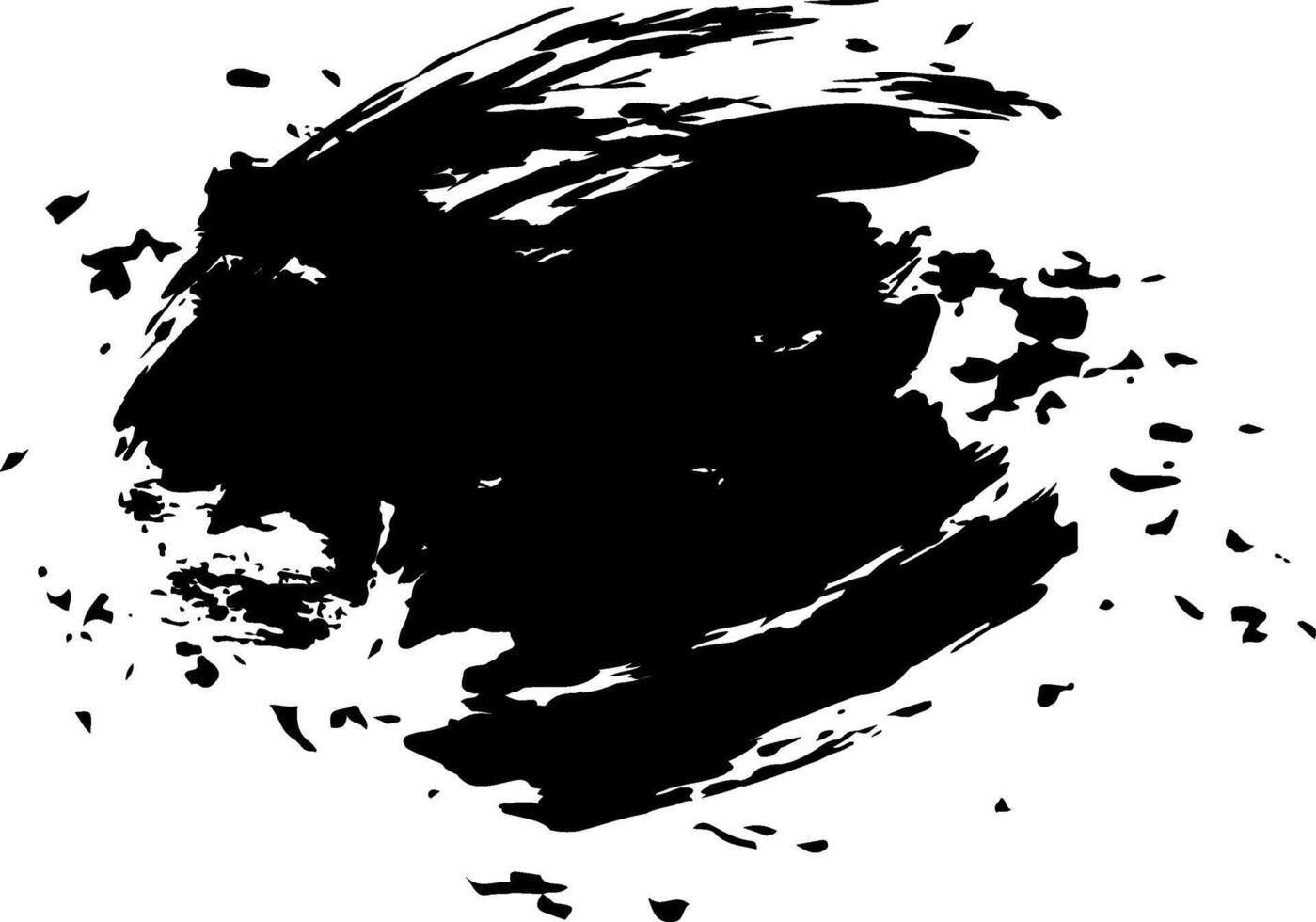 Large black brush stroke creating an abstract circular shape with splatters and textures, perfect for backgrounds and graphic design projects vector