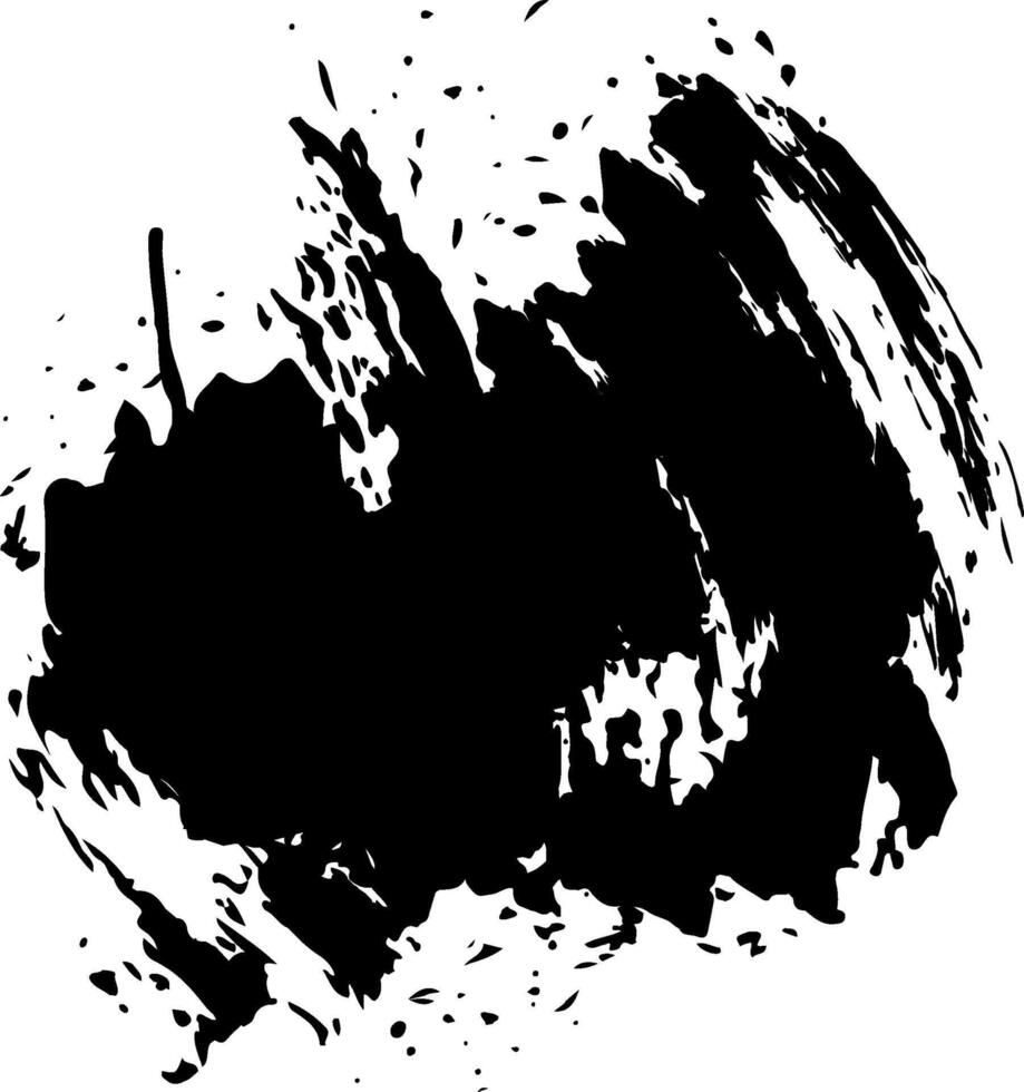 Large rough circular black brush stroke with splattered ink drops creates a textured abstract shape on a white background, perfect for adding a grunge or artistic touch to designs vector