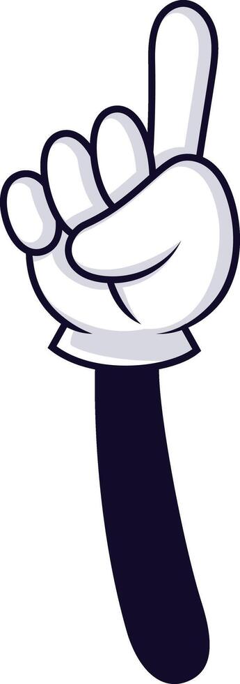 Cartoon hand wearing a white glove, pointing upward with the index finger, perfect for educational materials and children's projects, conveying direction and playful communication vector