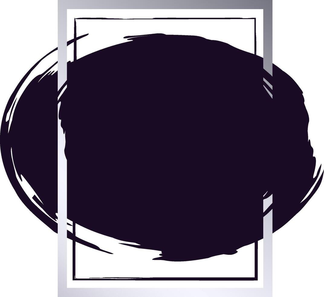 Dark purple grunge circle partially covering white and silver rectangular frame, creating a modern and abstract design, ideal for backgrounds, posters, or artistic compositions vector