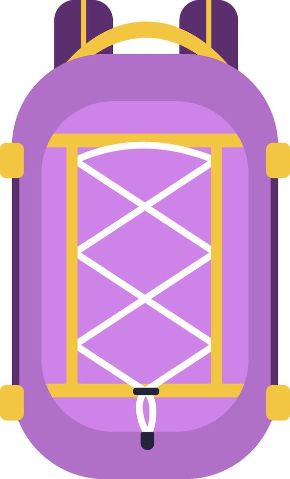 Purple backpack showcasing vibrant yellow straps and crisscross strings across its surface, designed for securely carrying items during adventures, travel, and outdoor activities vector