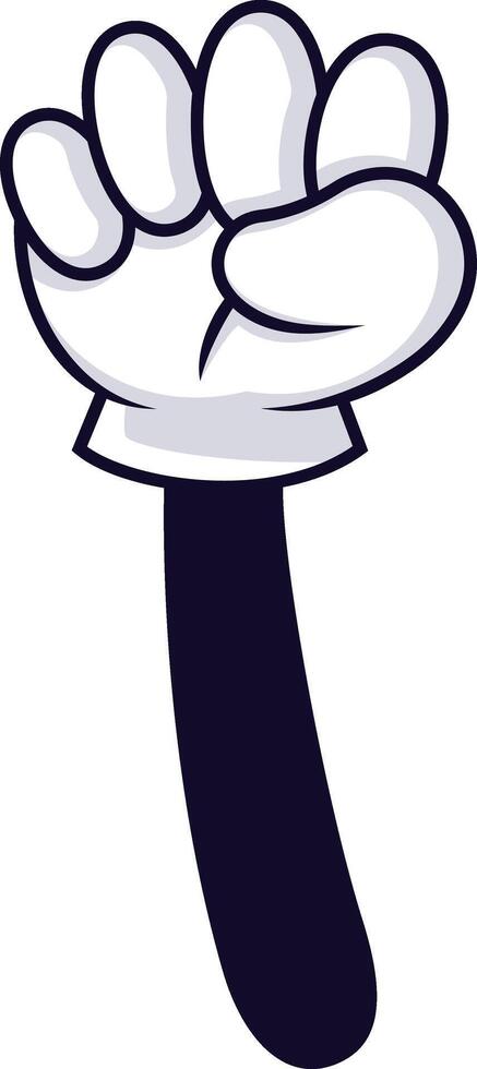Cartoon hand wearing white gloves, displaying four fingers upwards with a dark sleeve, signaling, counting, or greeting in a cheerful and friendly manner vector