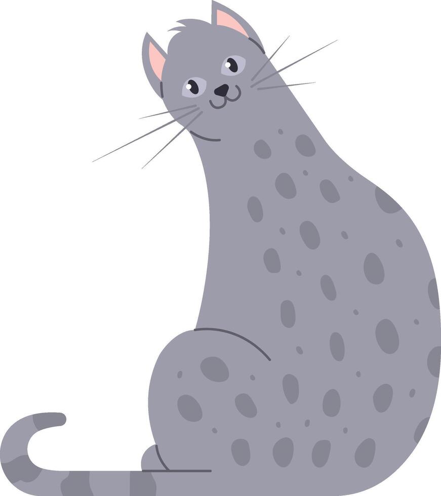 Cartoon illustration featuring an adorable gray cat with dark spots, curiously turning its head and gazing with an inquisitive expression on its face vector
