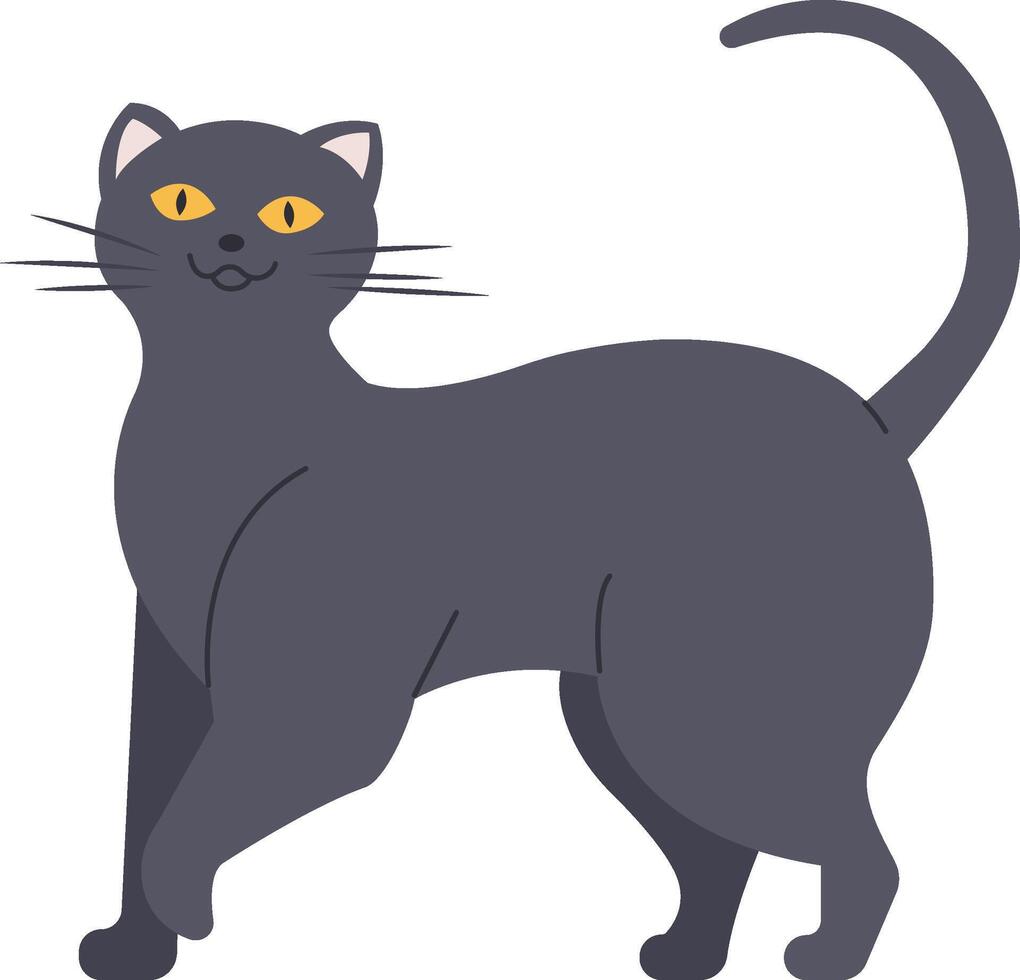 Cartoon illustration featuring a gray cat walking with its tail held high, gazing curiously upwards. Set against a clean white background, the image radiates playfulness and charm vector