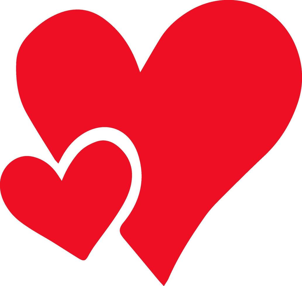 Two vibrant, solid red hearts overlap, forming a larger, unified symbol of love and connection, ideal for Valentine's Day or romantic designs vector