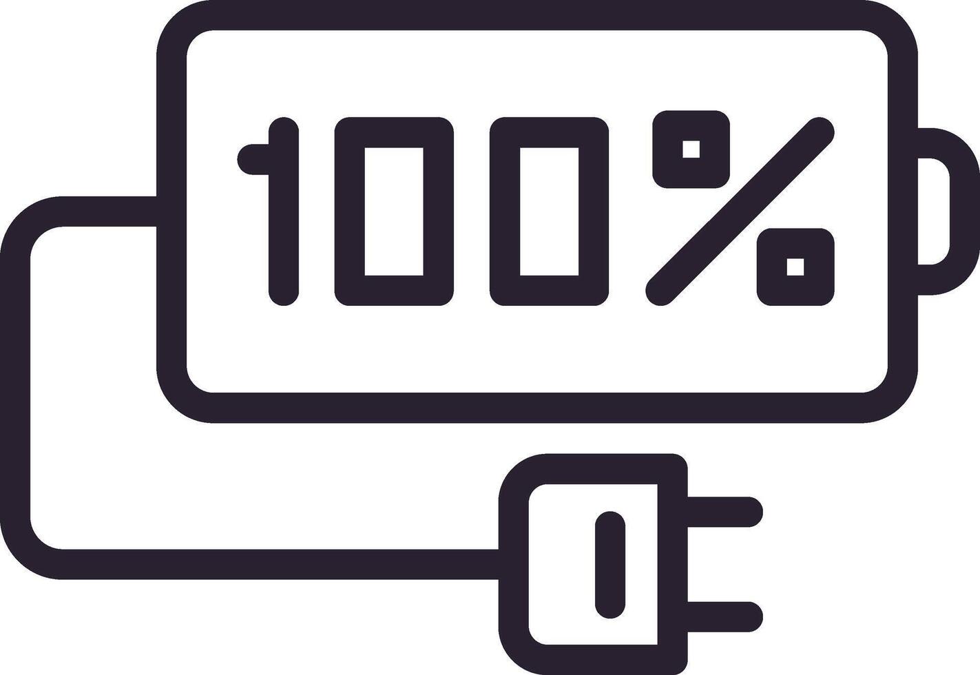 Simple line drawing of a battery icon displaying a full one hundred percent charge, with a plug attached, representing a fully charged electronic device vector