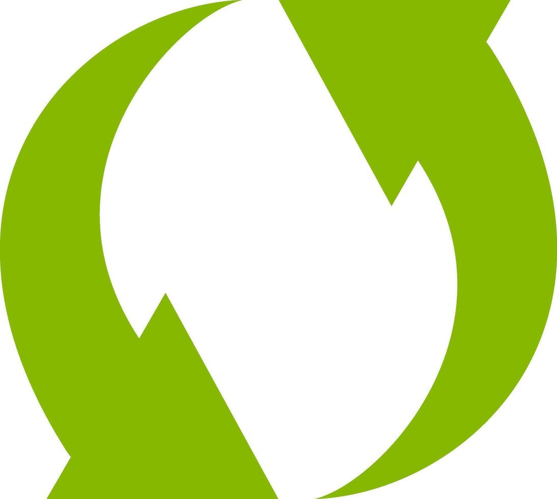 Two dynamic curved green arrows intertwining and rotating, symbolizing the continuous cycle of recycling, renewal, and environmental sustainability vector