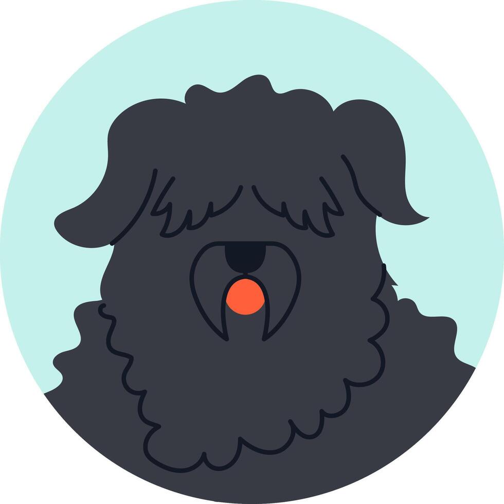 Minimalist illustration of a Black Russian Terrier panting with its tongue out, set against a light blue circular background, capturing the essence of this powerful breed vector